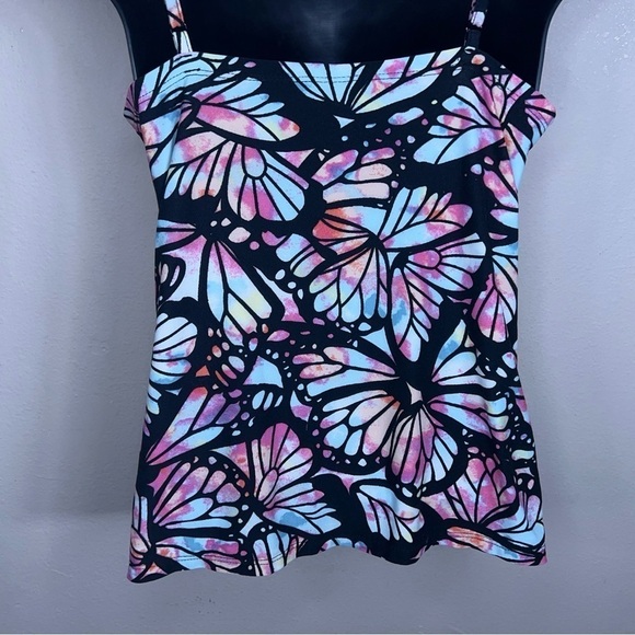 MEDIUM JUNIORS BLACK COLORFUL BUTTERFLY TANK RETRO SLEEVELESS STRETCH TOP - Picture 8 of 12